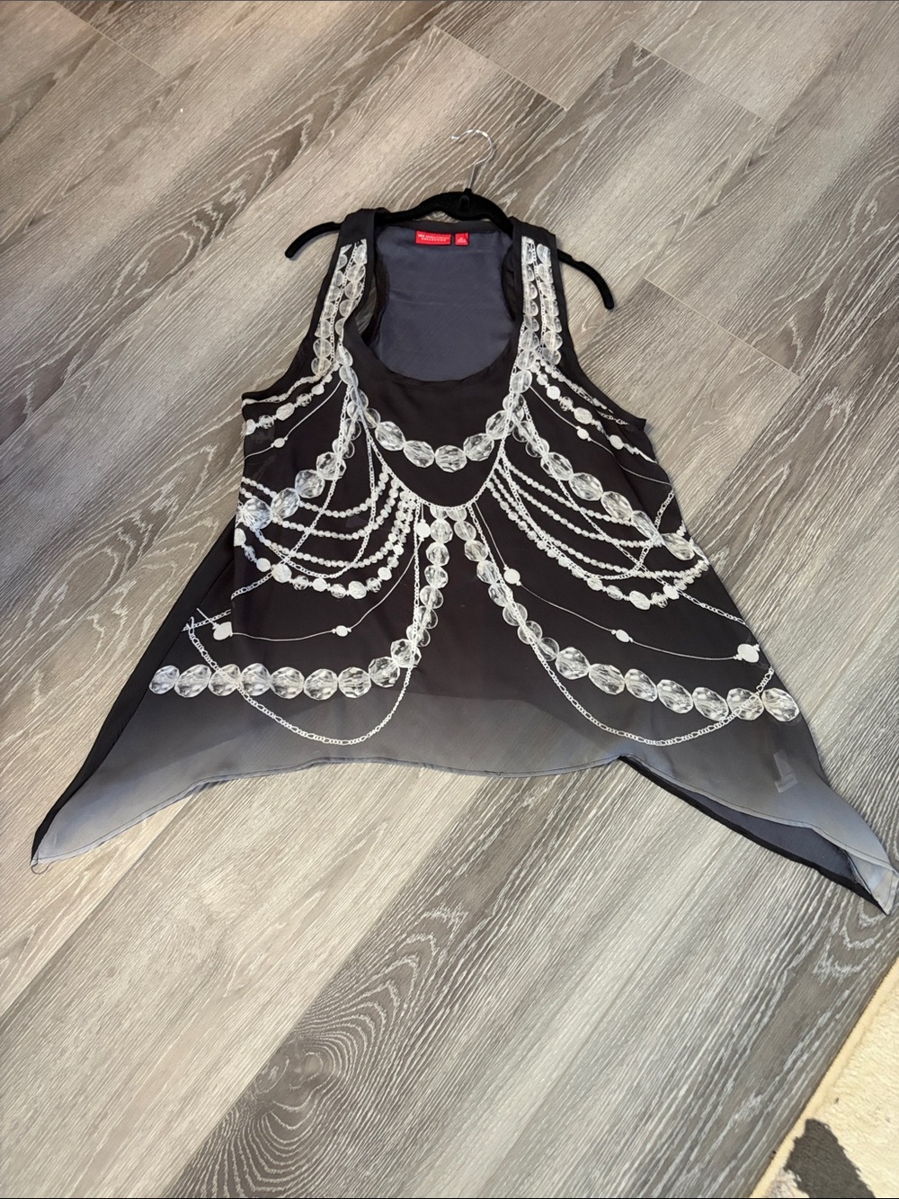New York & Company Black Sleeveless Beaded-Print Handkerchief Hem Tank
